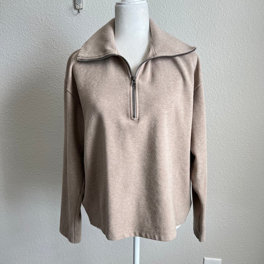 Uniqlo Oatmeal 1/2 Zip Brushed Fleece Pullover Jacket Women's L Casual Normcore - Picture 1 of 7